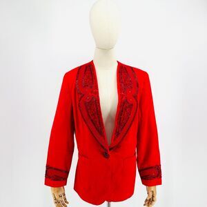 Vintage 80s Chancelle Linen Red Beaded Statement Made in Hong Kong Blazer